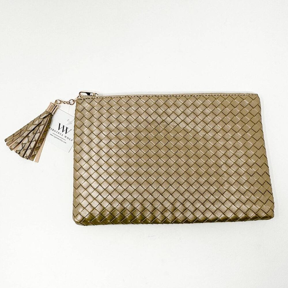 NEW Virginia Wolf Mimi Gold Criss Cross Weave Clutch, NWT, MSRP $88